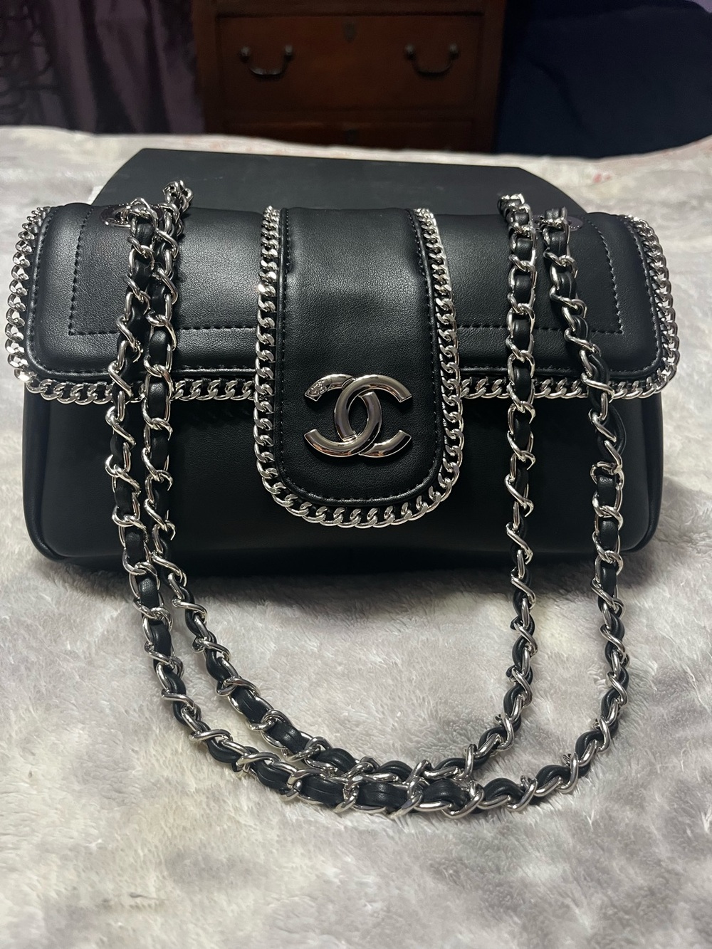 CC Black Shoulder Bag with Silver Chain & CC Logo